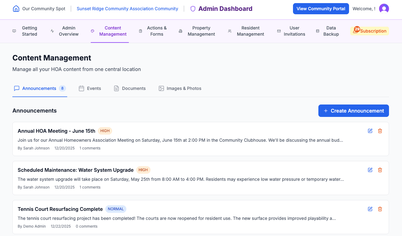 Admin announcement management