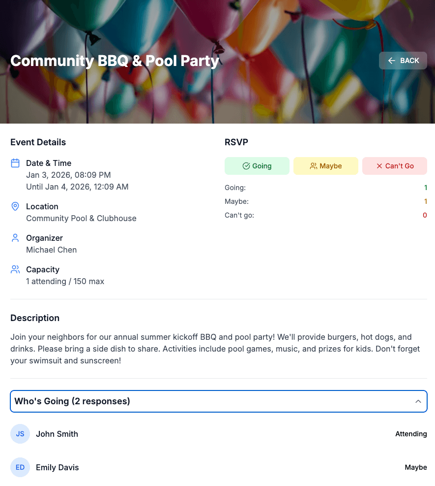 Event details with RSVP