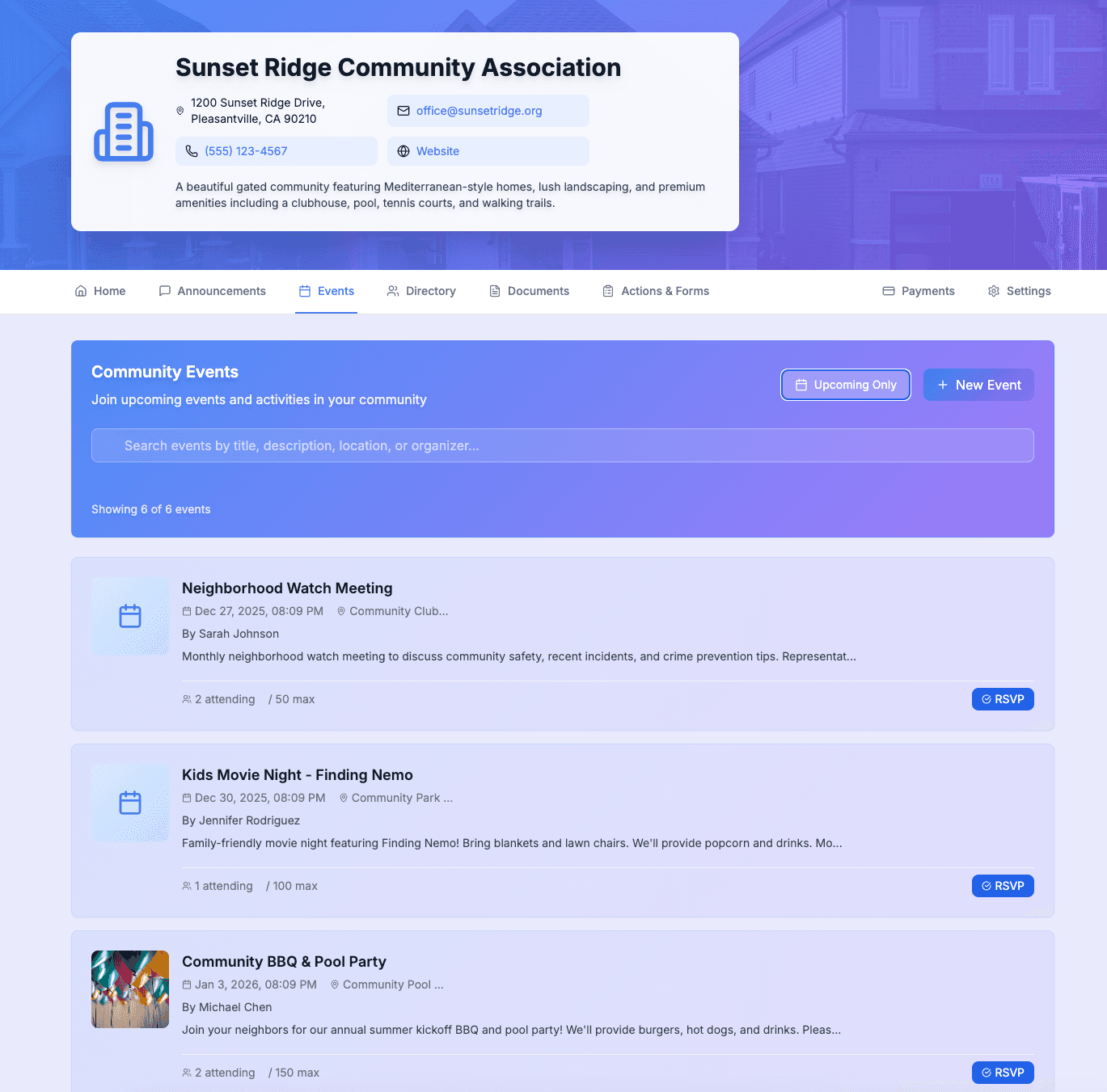Events calendar and list