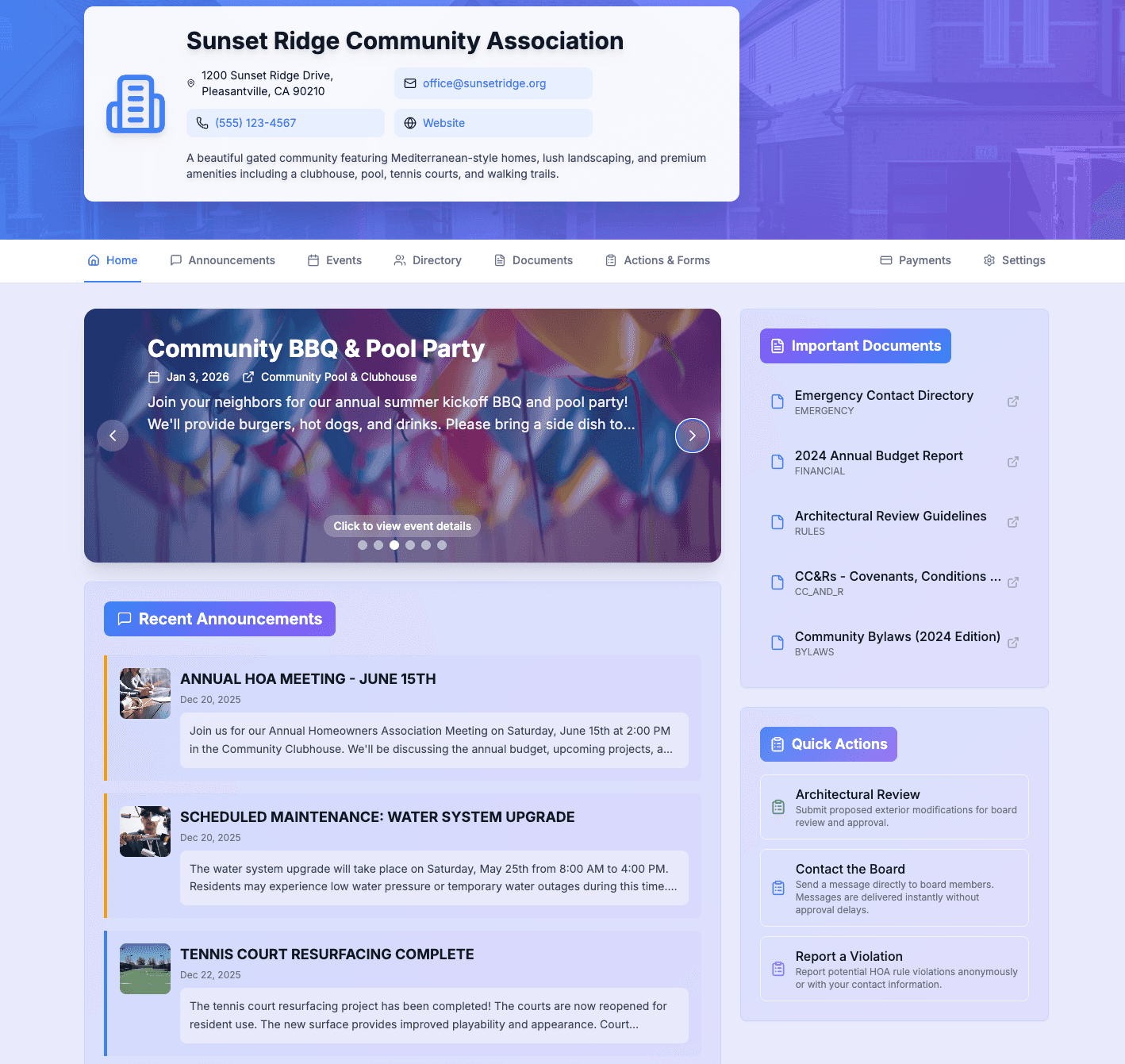 Home page dashboard view